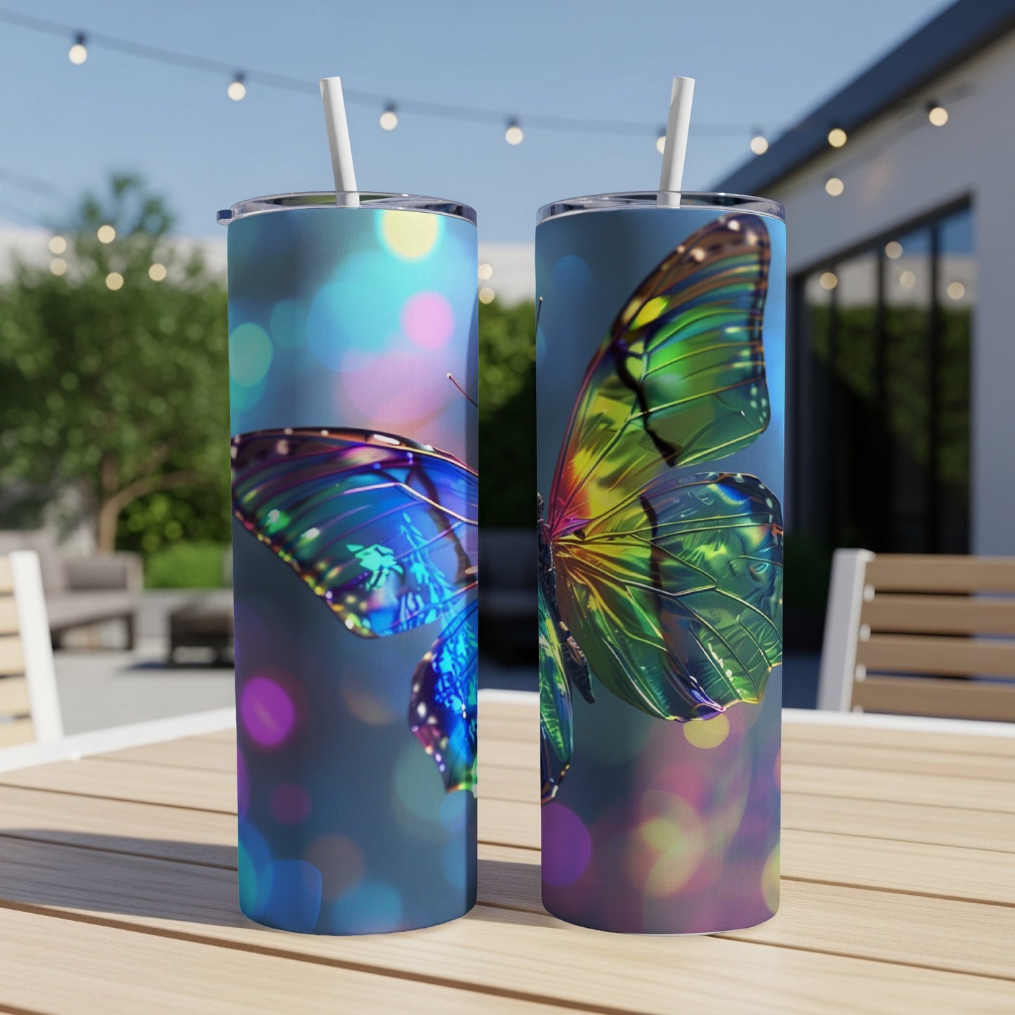 Two tumblers with iridescent butterfly wings, displayed outdoors.