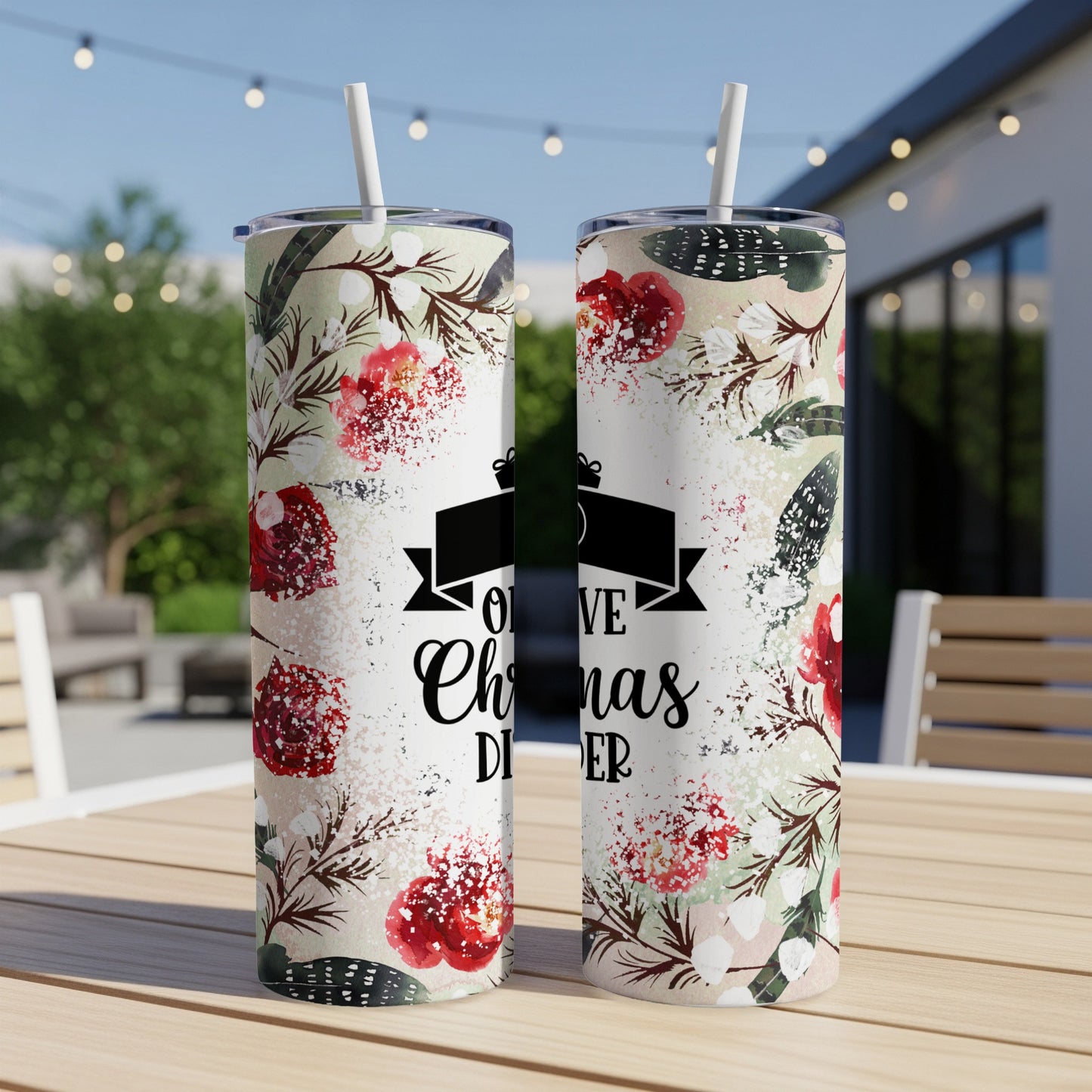 Two floral patterned tumblers with "Oh, Give Christmas Cheer" text.