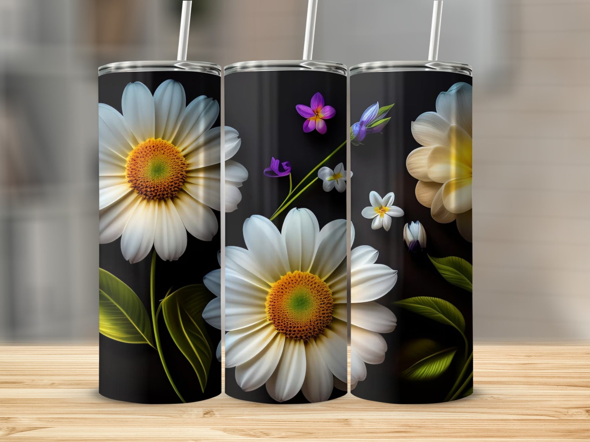 Daisy and Floral Print Design on Black Tumbler Product