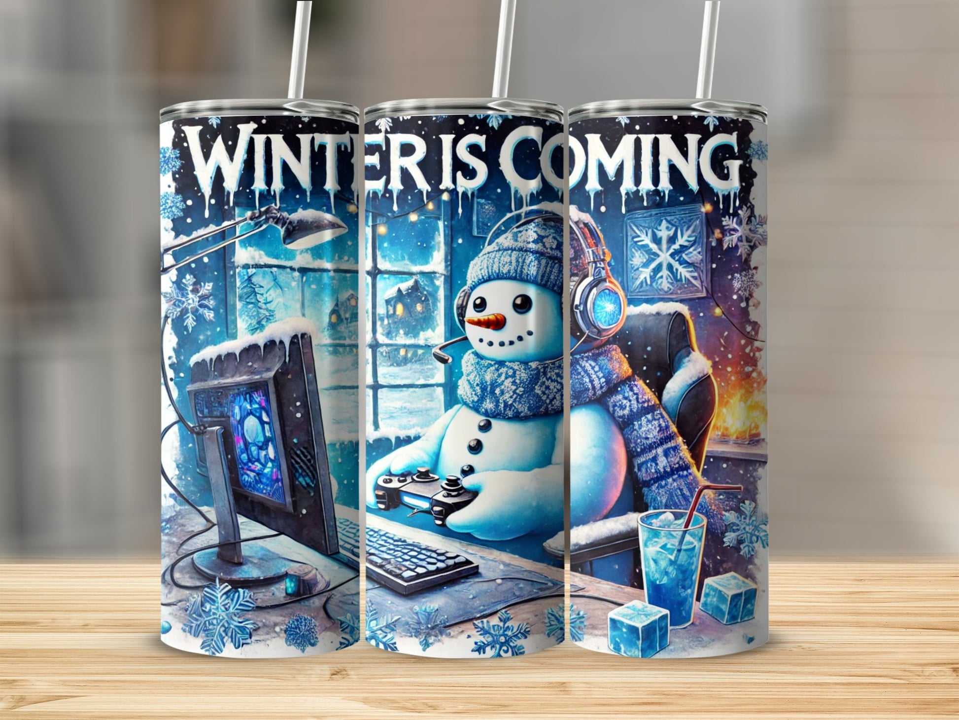Snowman wearing scarf and headphones plays video games with "Winter is Coming" text.