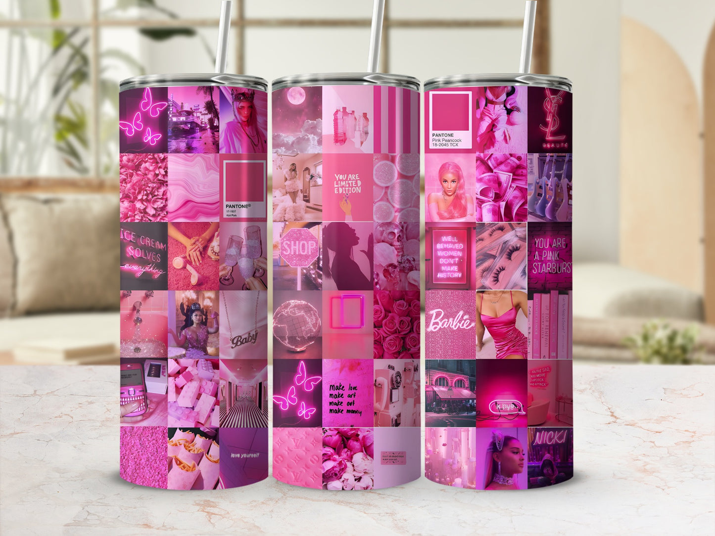 Pink collage of fashion, beauty, and inspirational text on a tumbler with a straw.