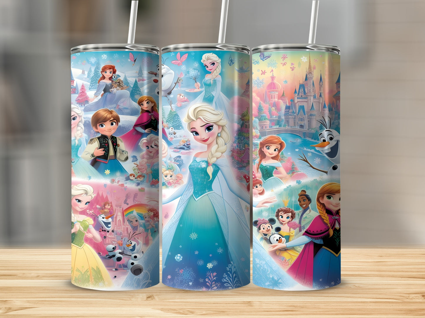 Three Disney Frozen tumblers featuring Elsa, Anna, Olaf, and castle scenes.