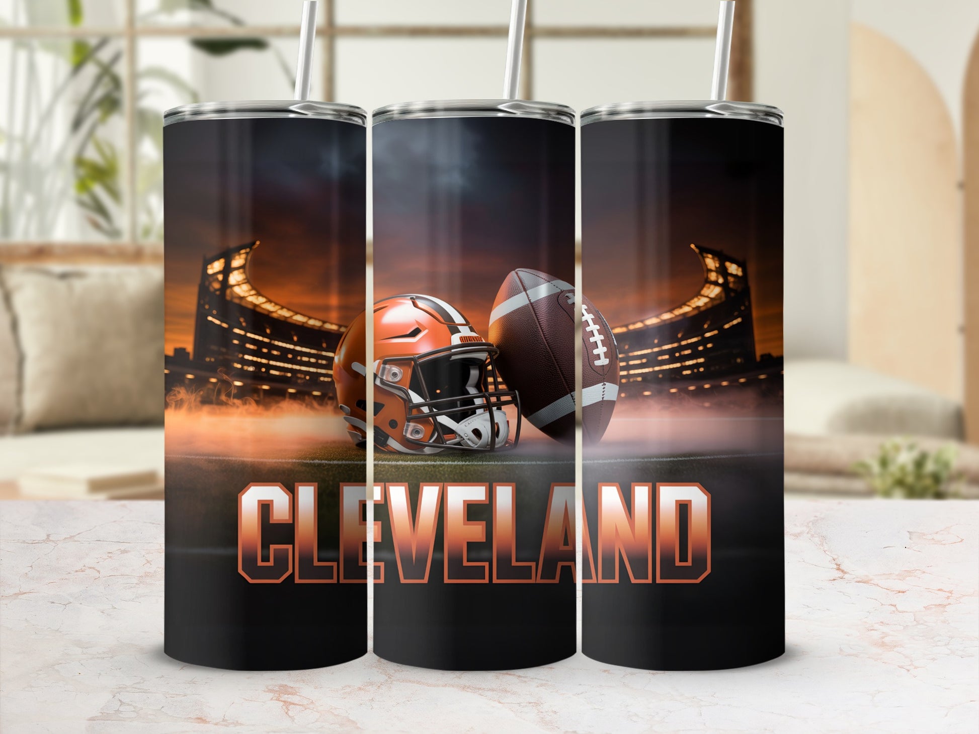Cleveland Browns football helmet and ball on stadium background.