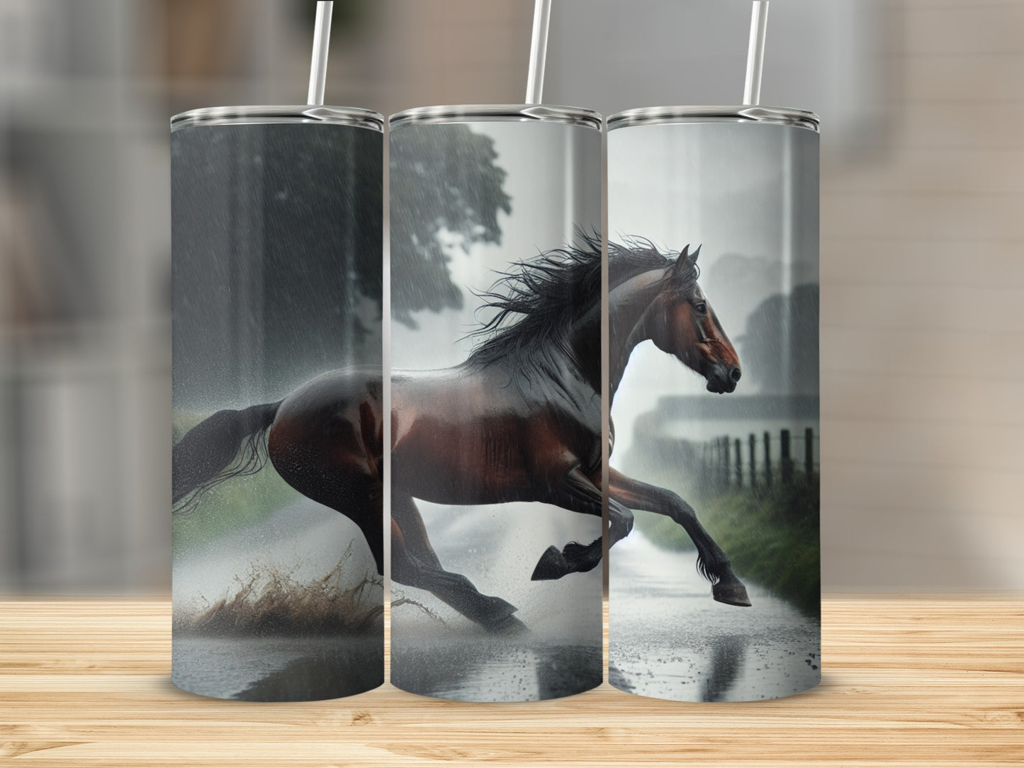 Horse running in rain on three tumblers.