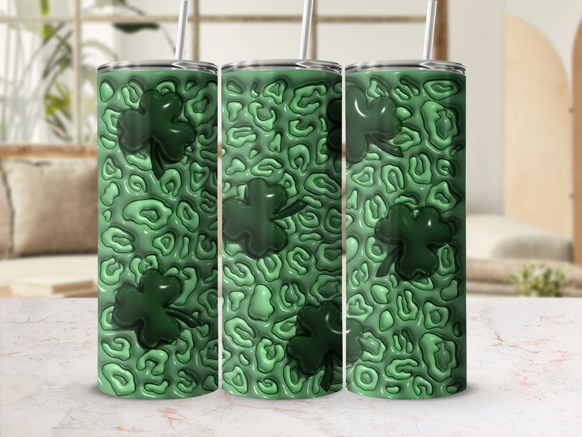 Green shamrocks on a textured, rippled green tumbler.