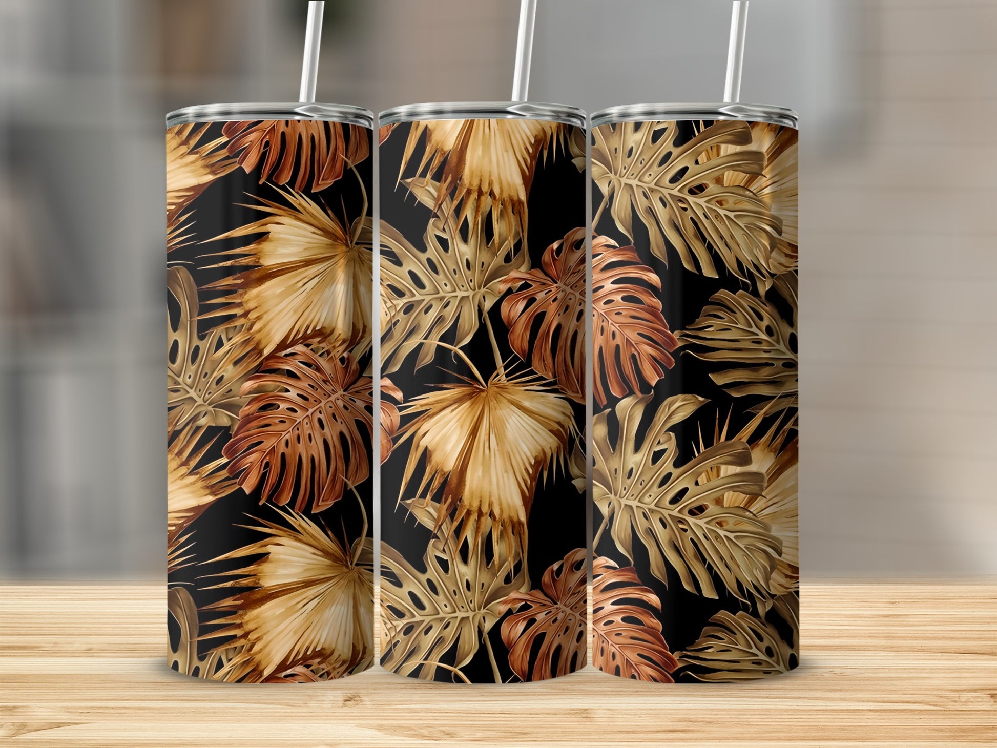 Tropical Palm Leaves Black Background Tumbler