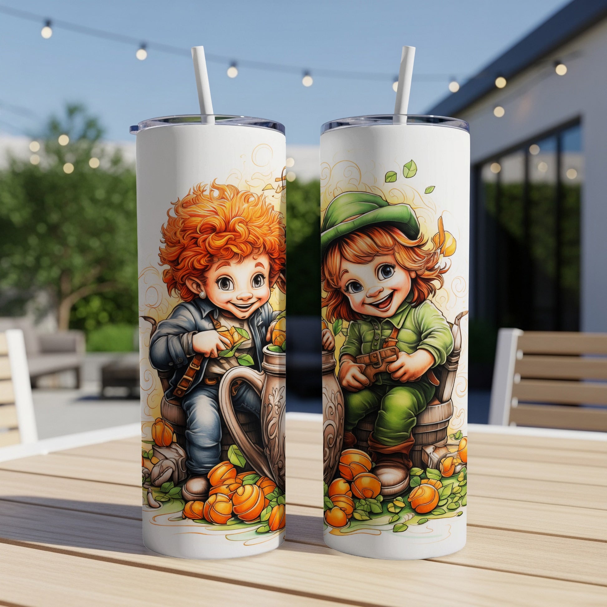 Two leprechaun children with pumpkins and beer steins on a wooden table.