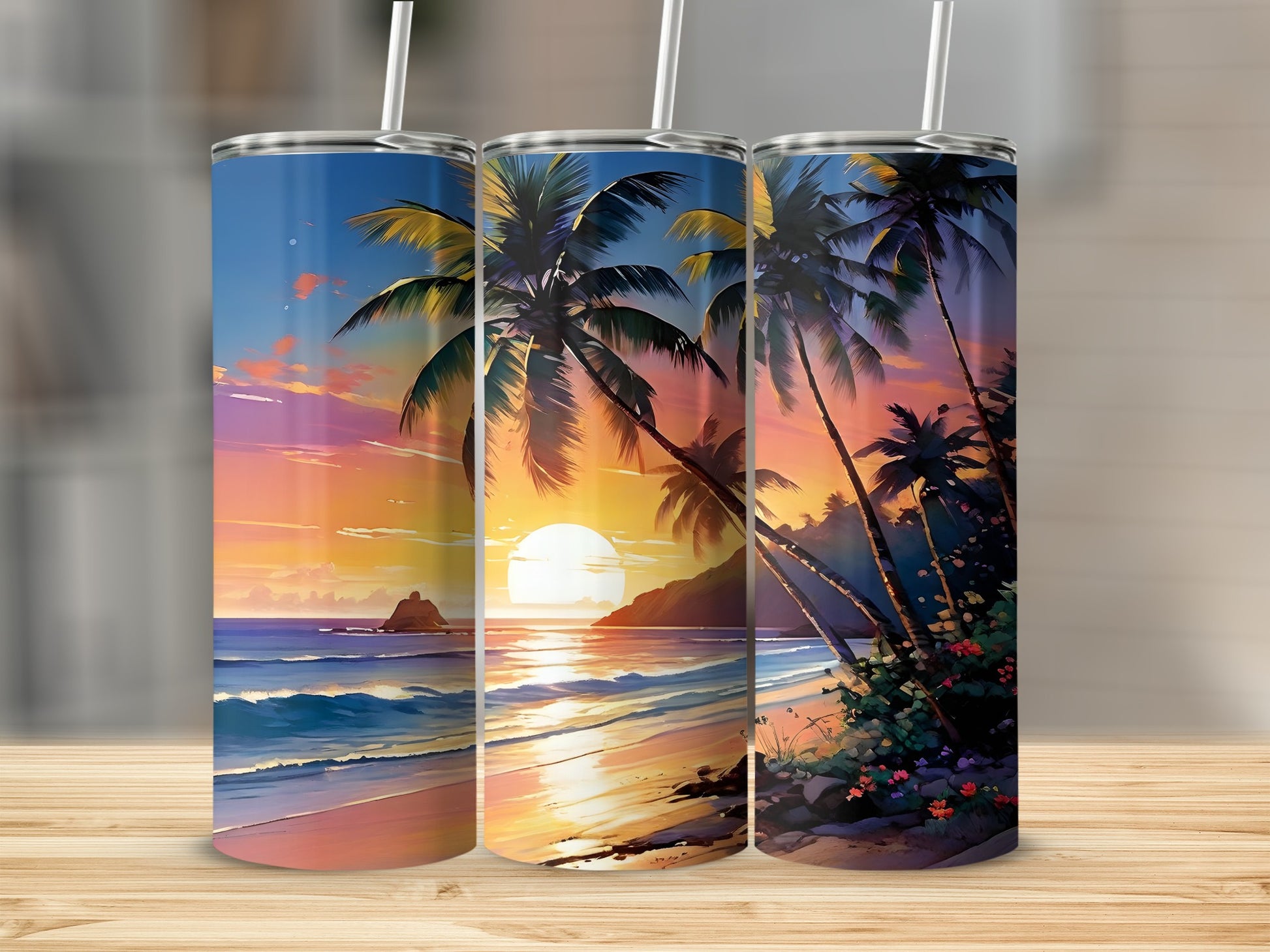 Tropical sunset beach scene on three tumblers with straws.