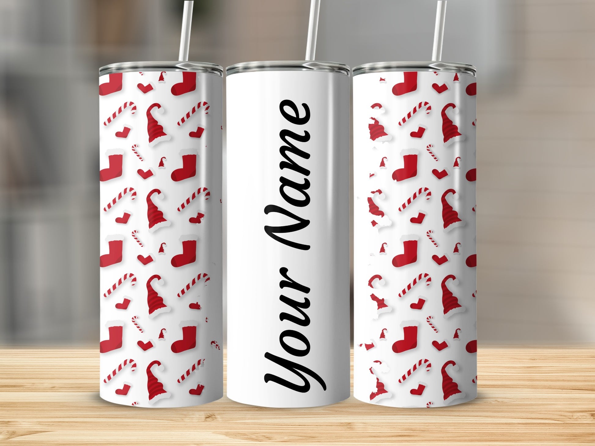 Personalized Christmas Theme Skinny Tumbler with Straw