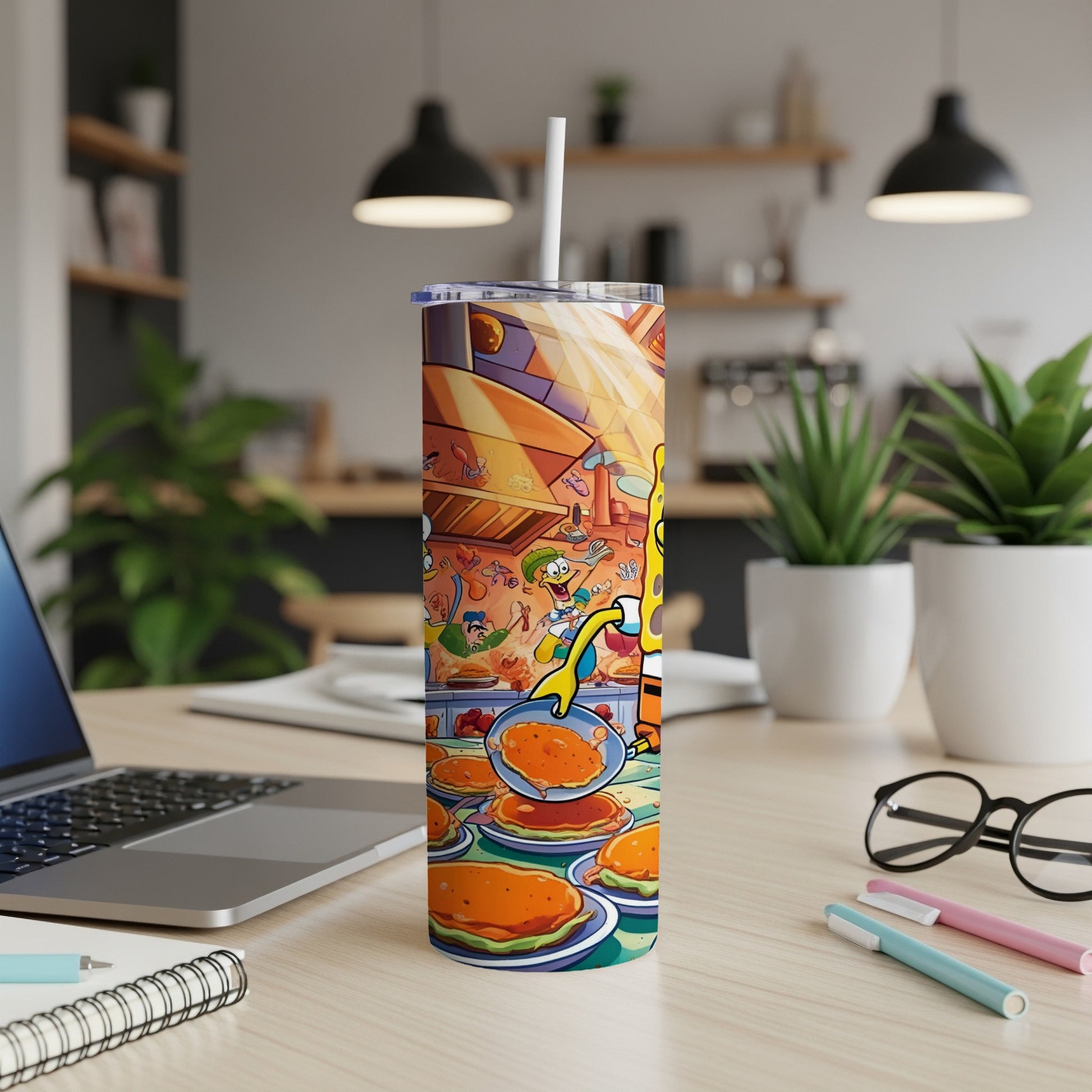 SpongeBob SquarePants and friends flipping Krabby Patties on a brightly colored tumbler.
