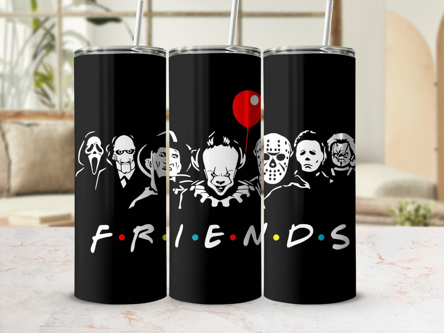 Black tumbler with horror movie characters and "FRIENDS" logo.