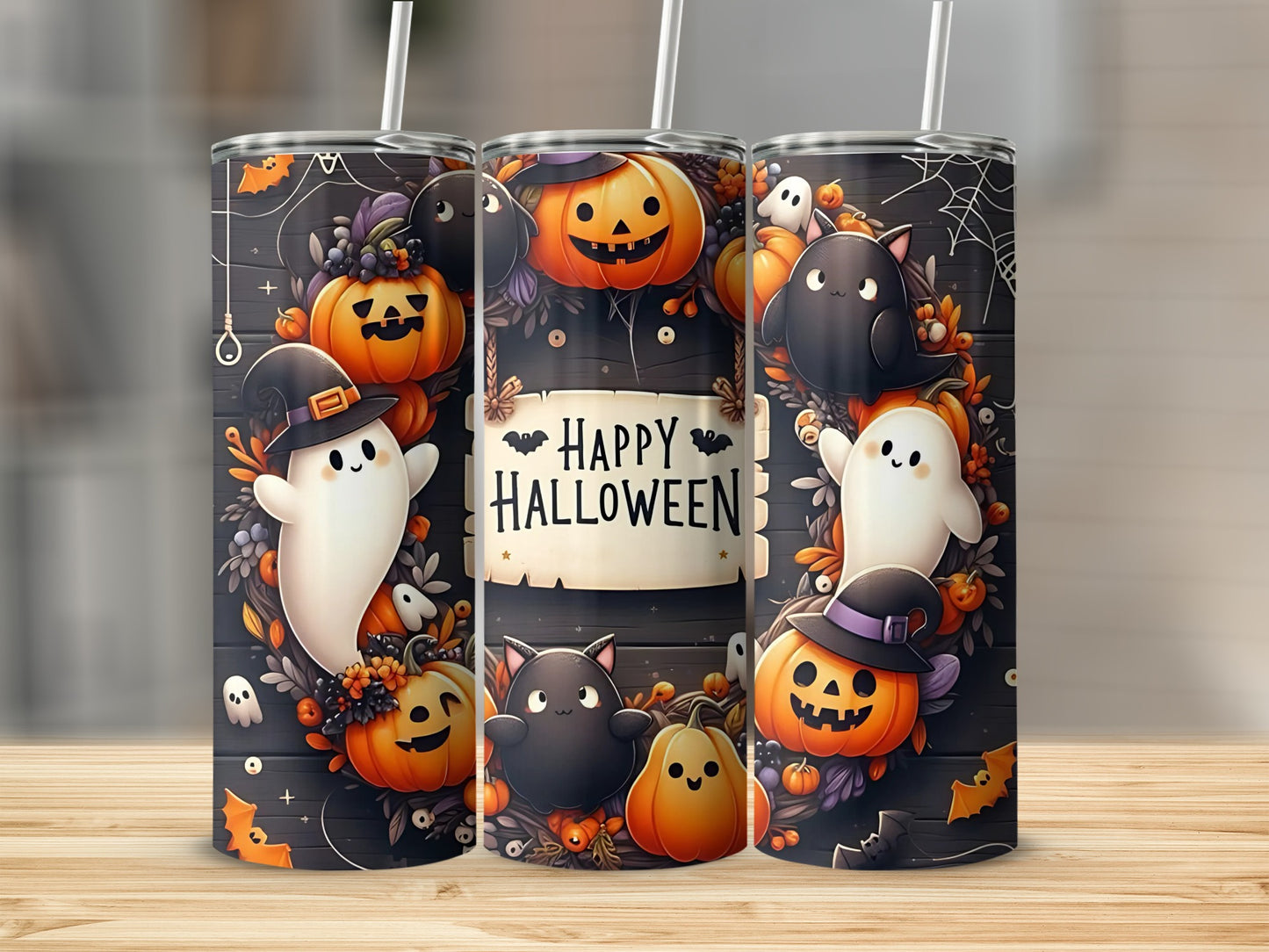 Spooky Cats Ghosts and Pumpkins Happy Halloween tumbler