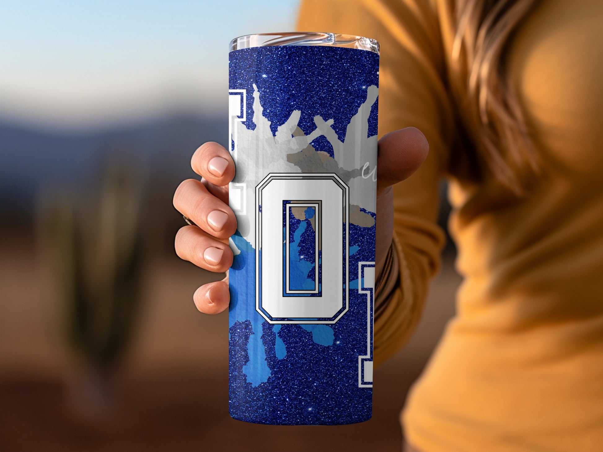 Blue Glittery Number Zero Graphic on Tumbler Product