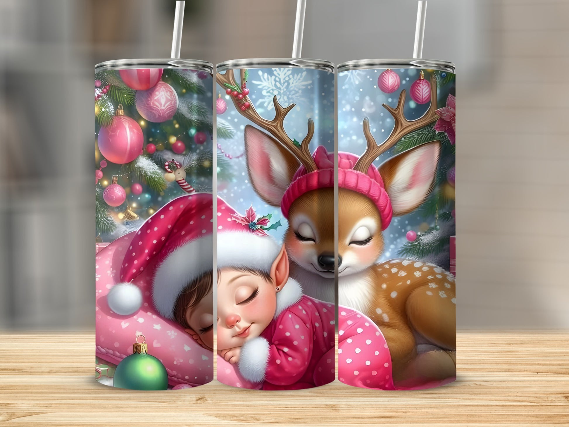 Christmas Elf Sleeping with Reindeer Christmas Tumbler