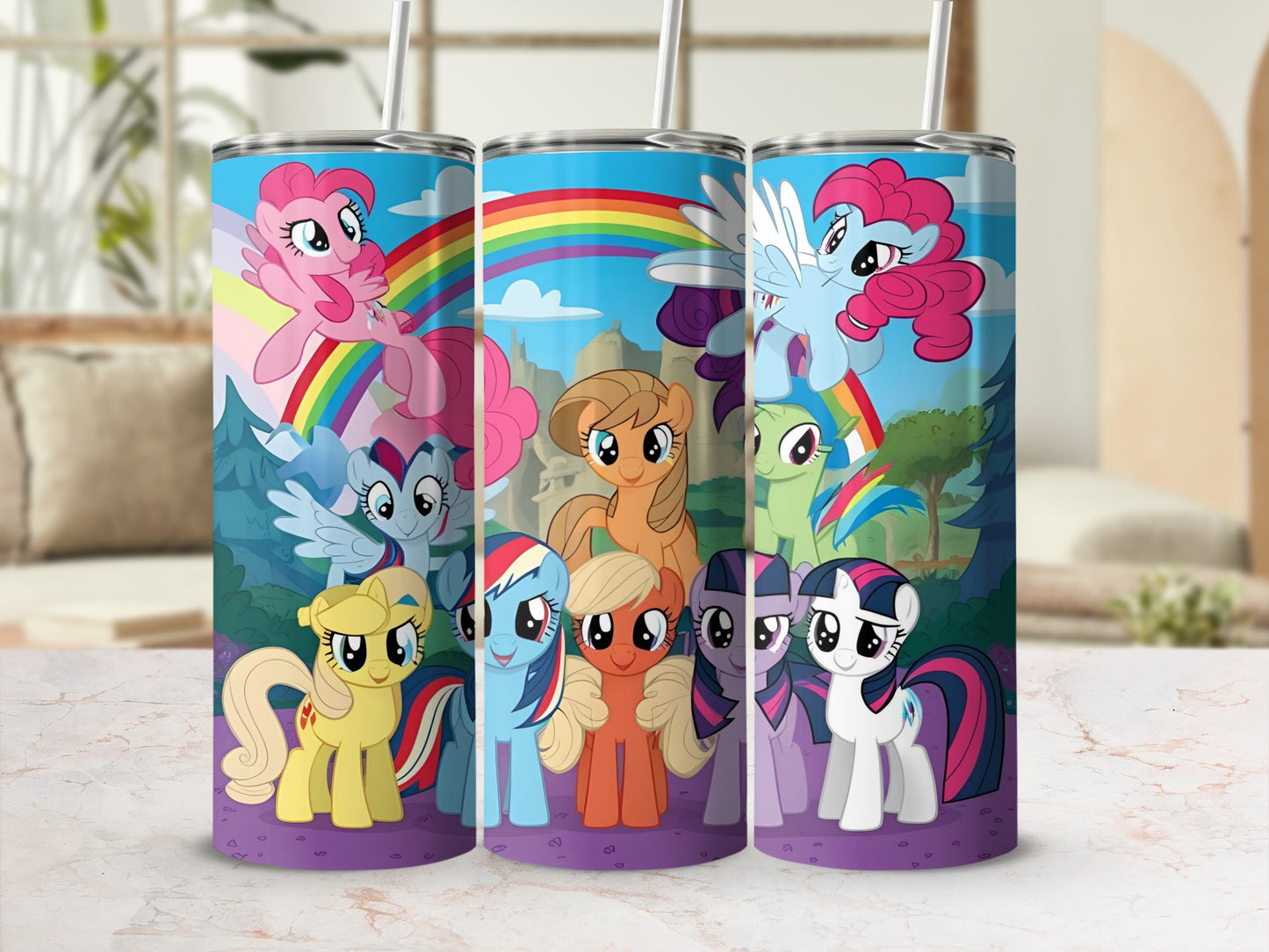 My Little Pony characters on a rainbow background.