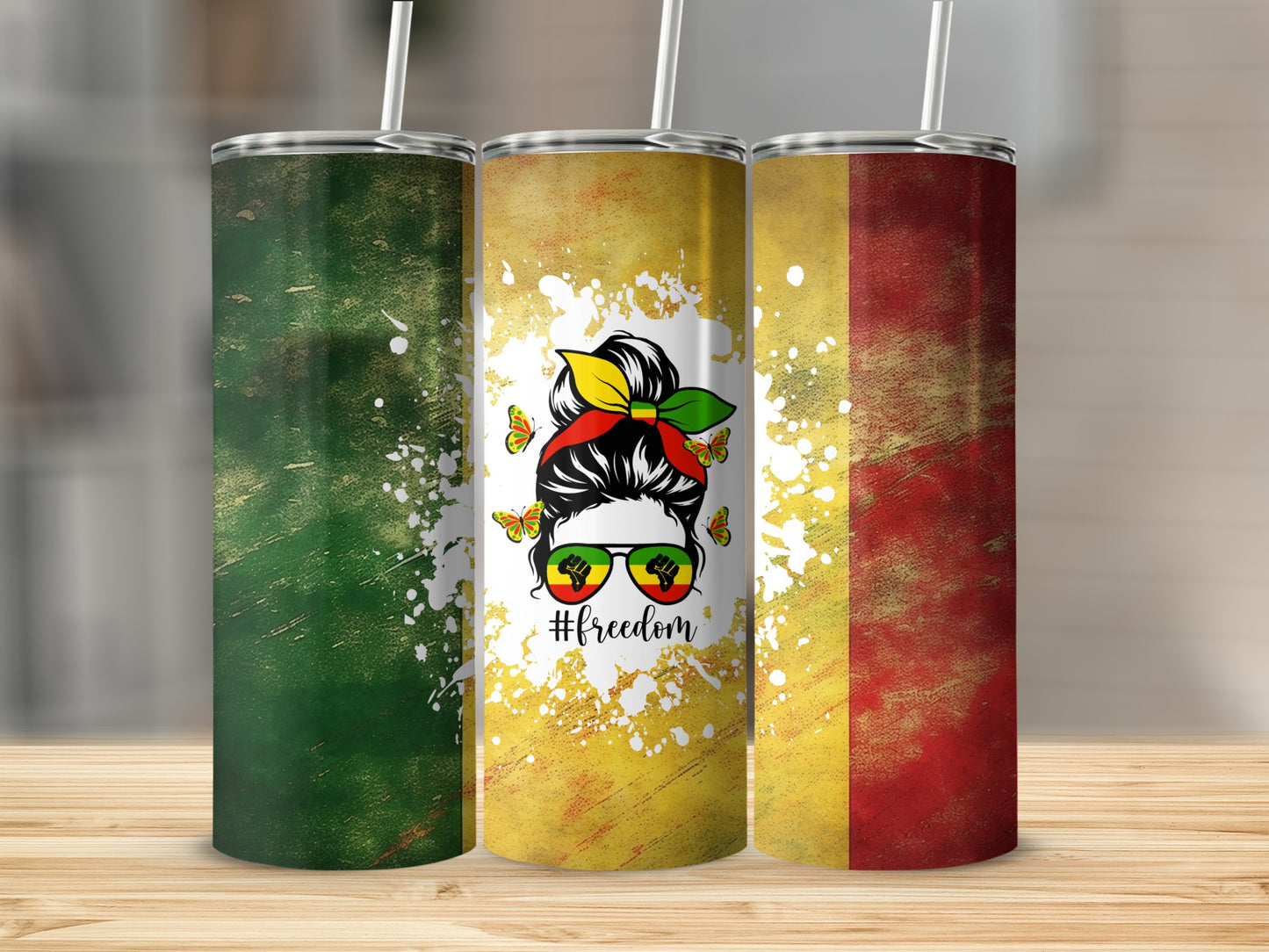 Three tumblers with distressed flag backgrounds and a woman with sunglasses and butterfly hair tie.