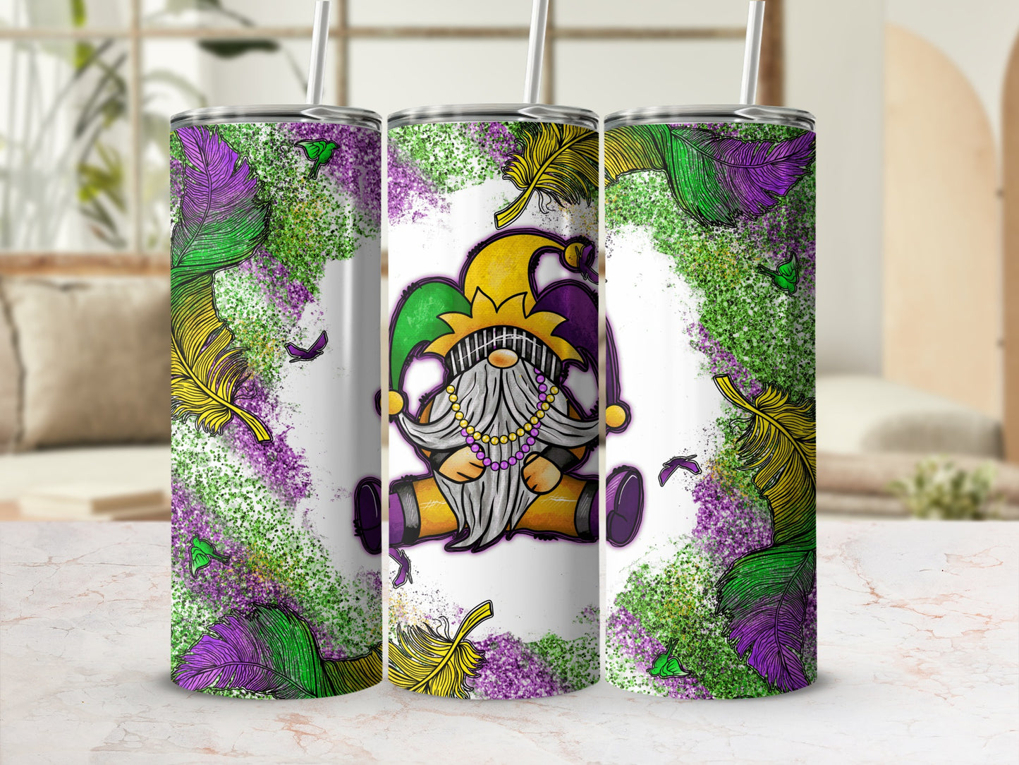 Gnome in Mardi Gras colors with feathers and beads, on a tumbler.