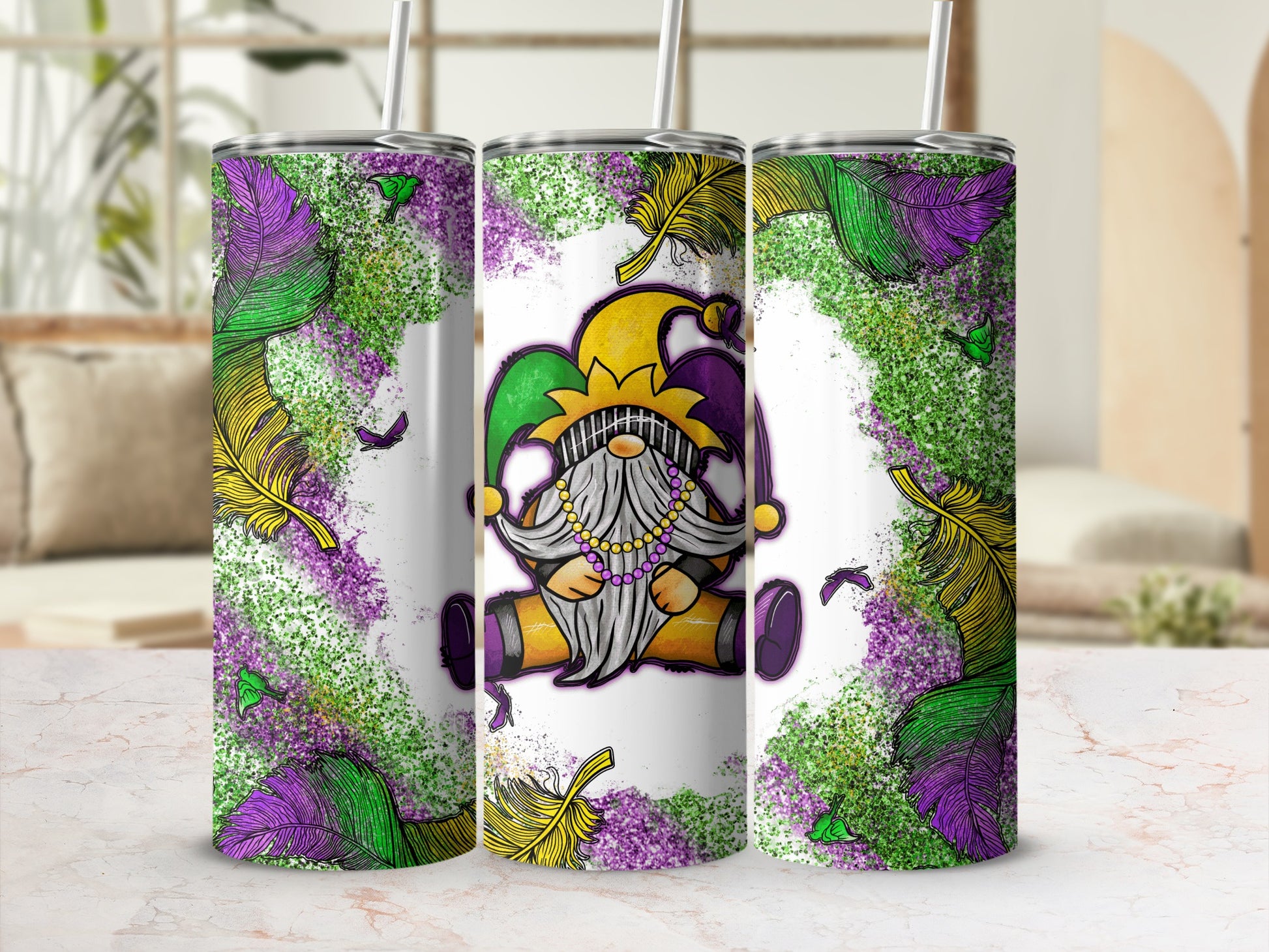 Gnome in Mardi Gras colors with feathers and beads, on a tumbler.