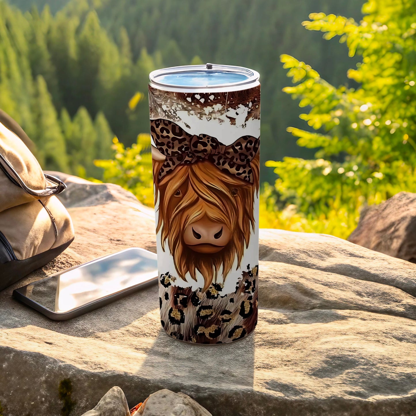 Highland Cow with Leopard Print Bow Tumbler Cup
