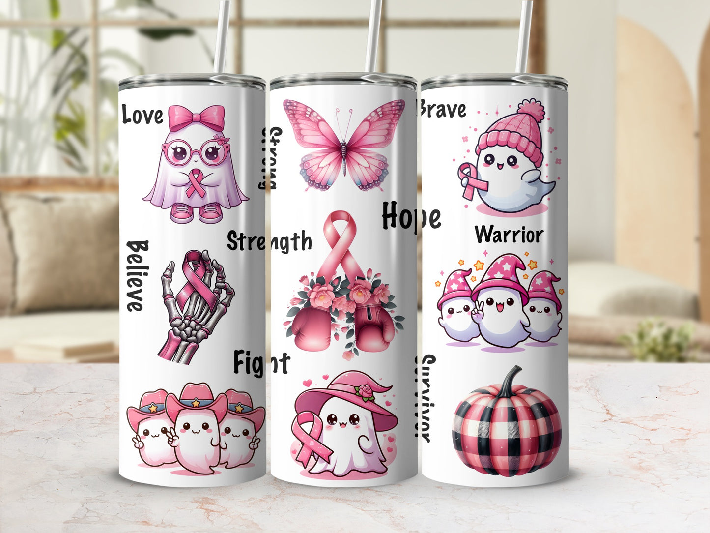 Pink ribbon, butterfly, and inspiring words surround cute ghost characters on three tumblers.