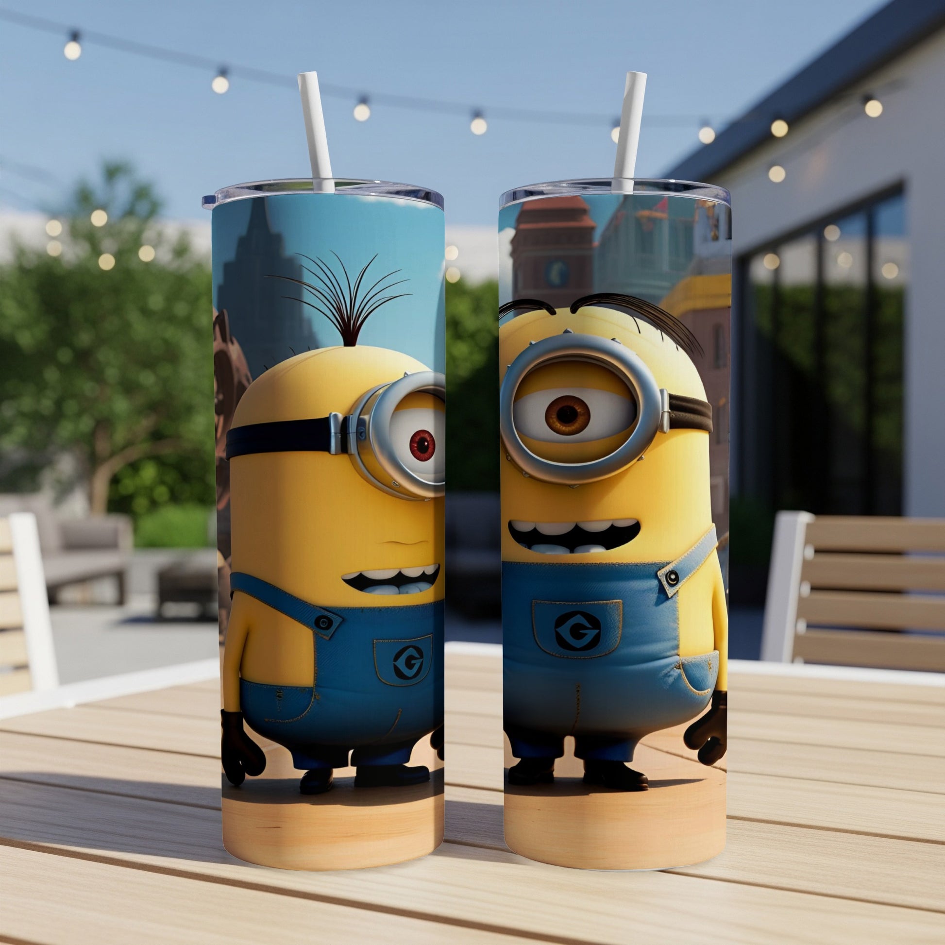 Two Minions with overalls stand side-by-side on a wooden table.