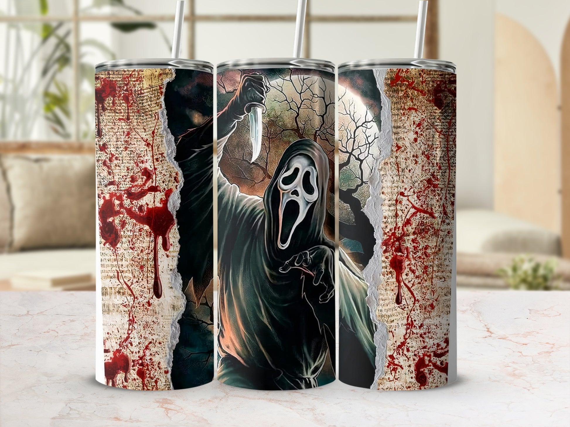 Three tumblers with ghost face killer design, bloody paper, and ripped edges.