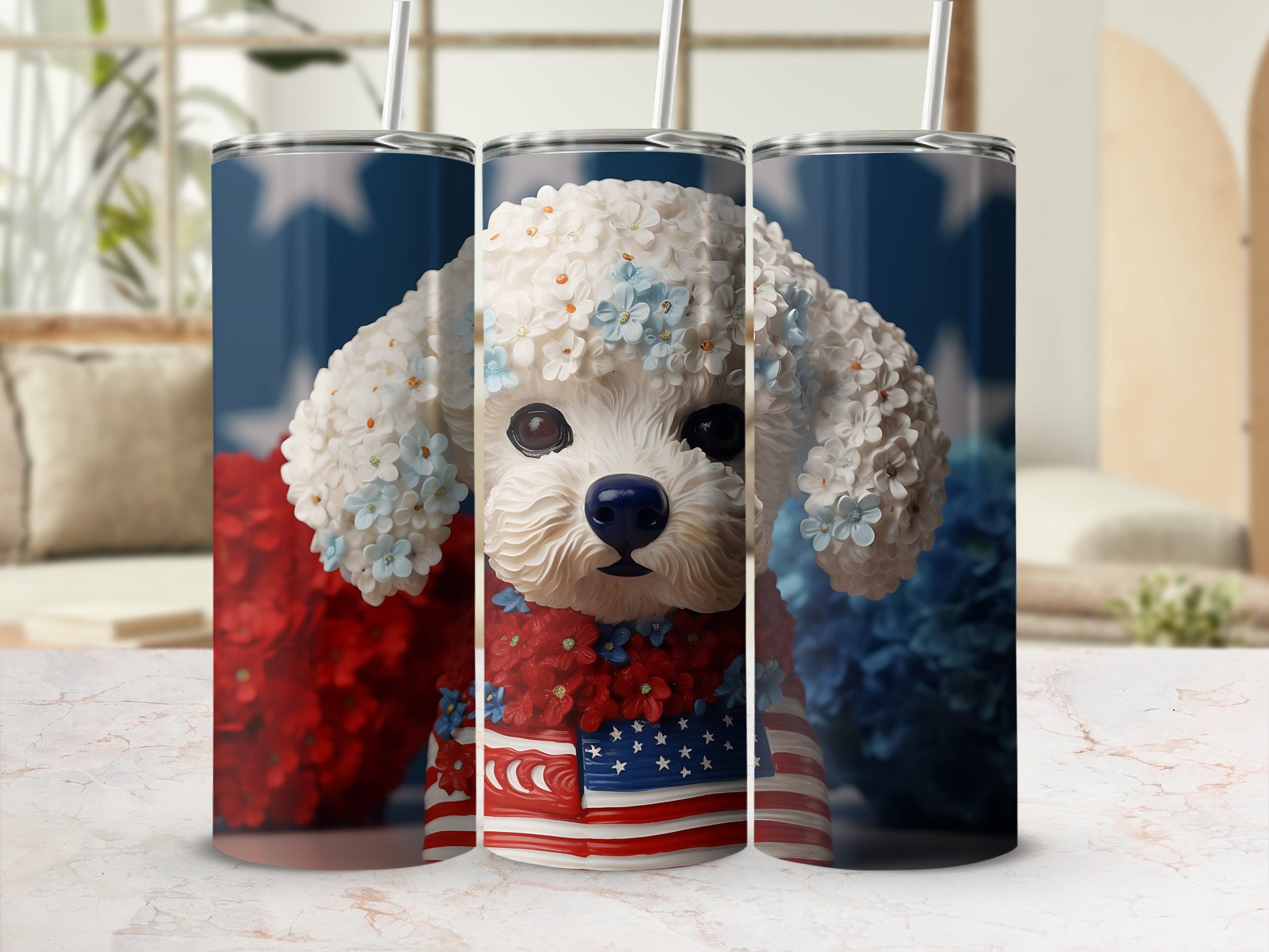 White poodle wearing a patriotic bandana and flower crown on a tumbler.