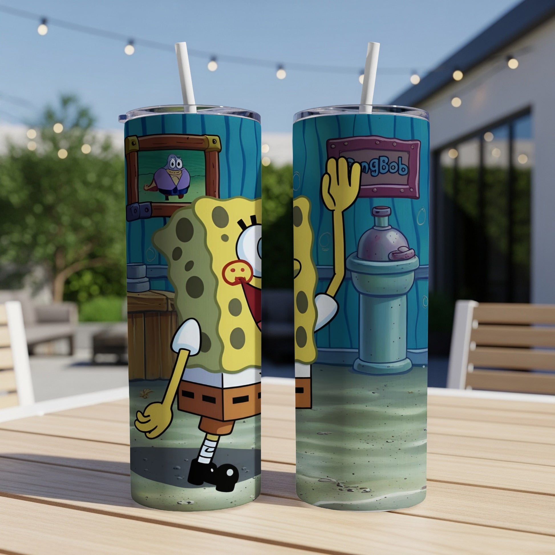 SpongeBob SquarePants tumbler with "SpongeBob" text and Krusty Krab background.