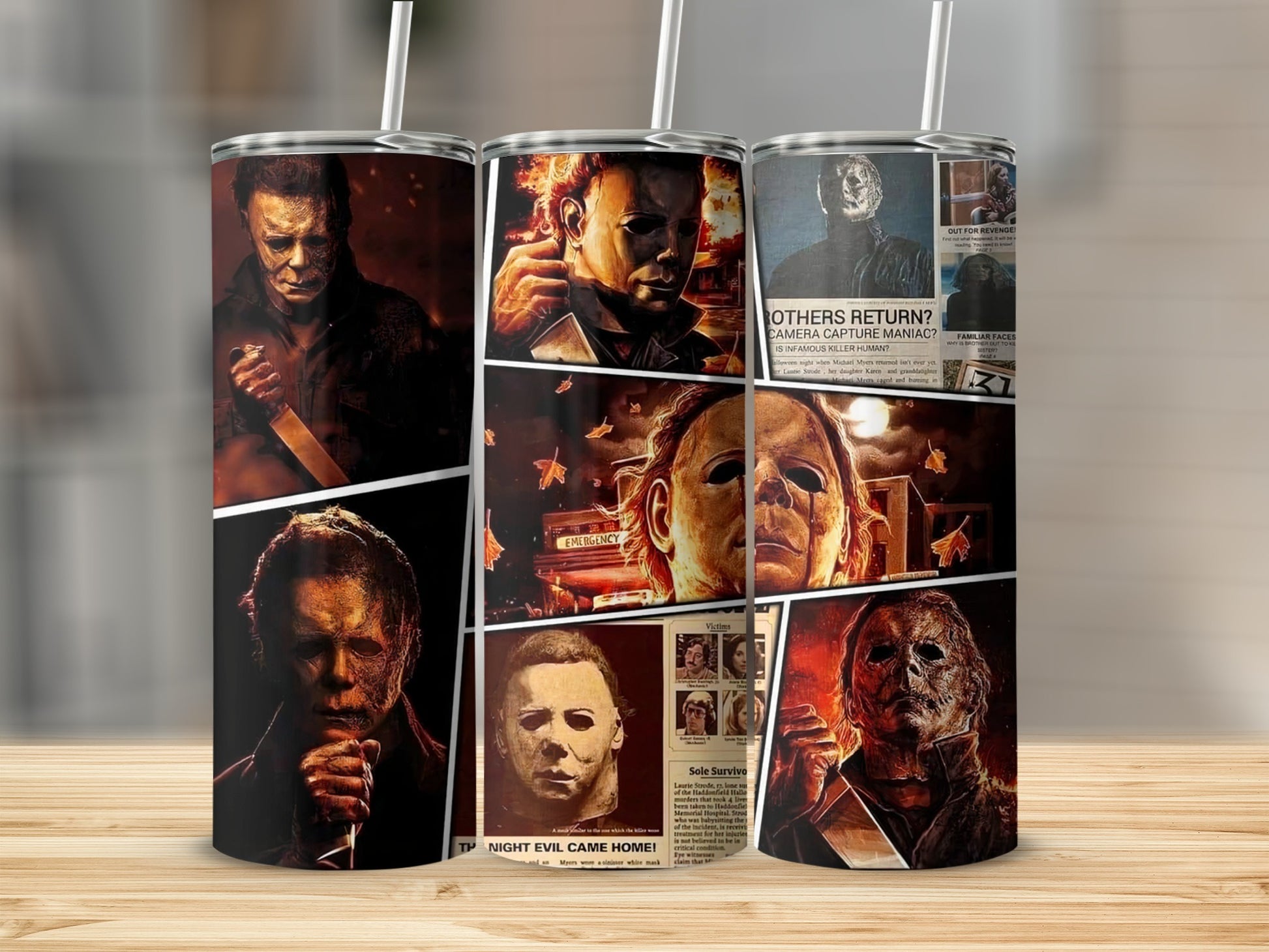 Collage of Michael Myers movie posters and newspaper clippings with text.