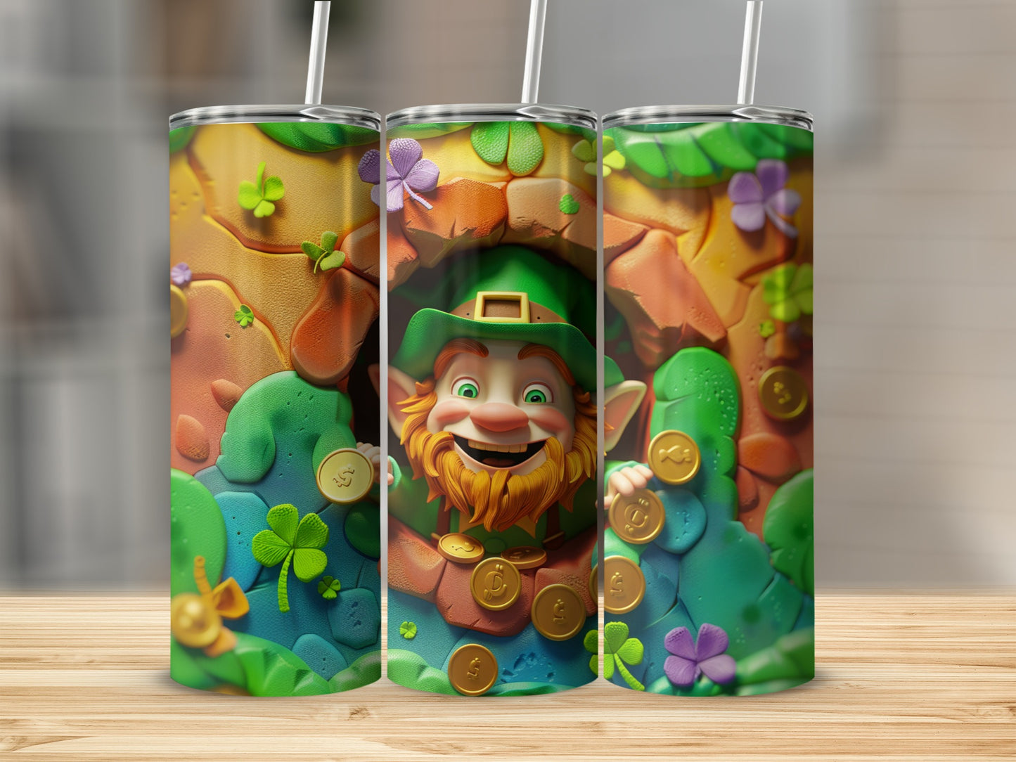 Leprechaun with gold coins and shamrocks on a St. Patrick's Day themed tumbler.