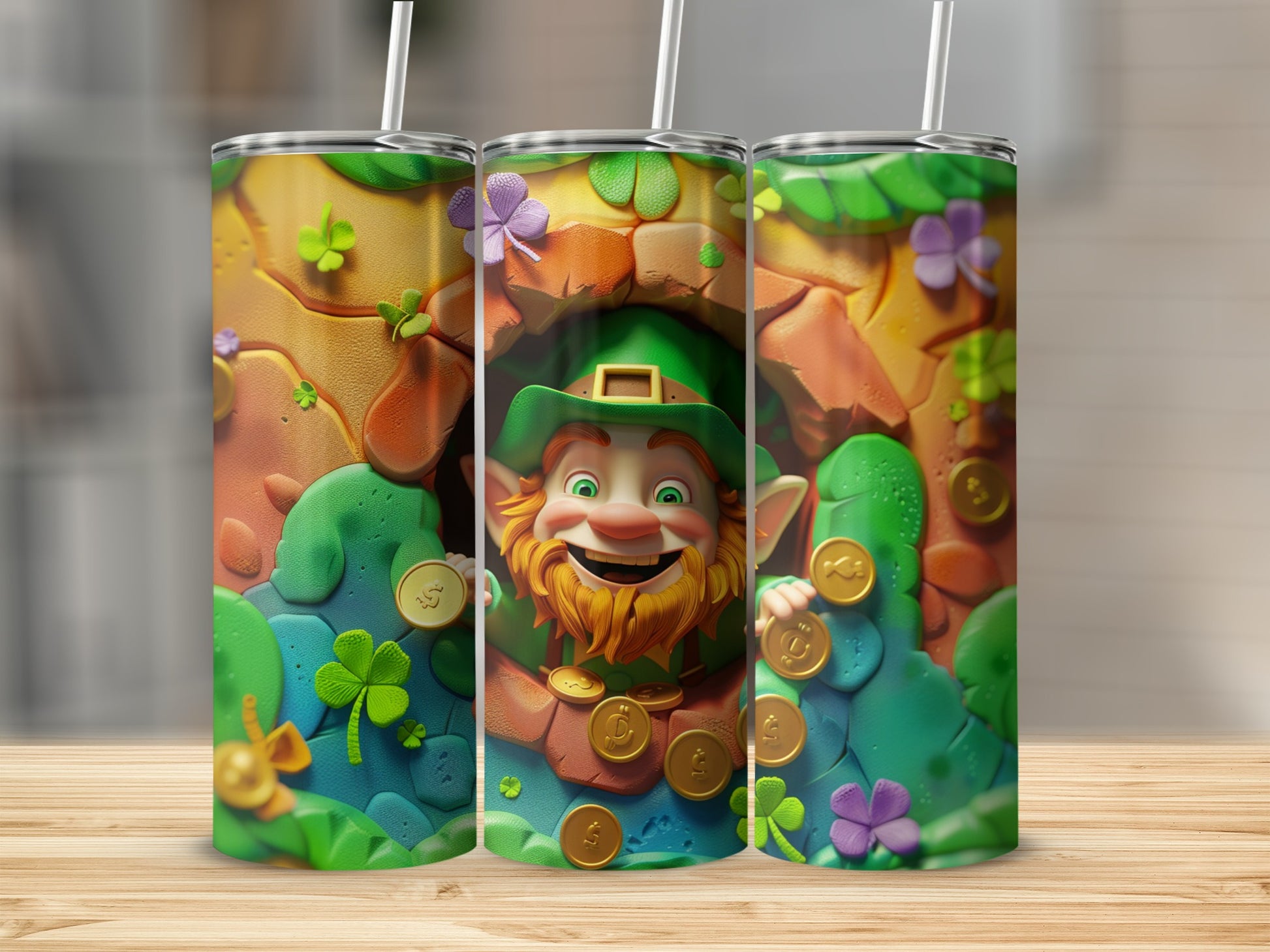 Leprechaun with gold coins and shamrocks on a St. Patrick's Day themed tumbler.
