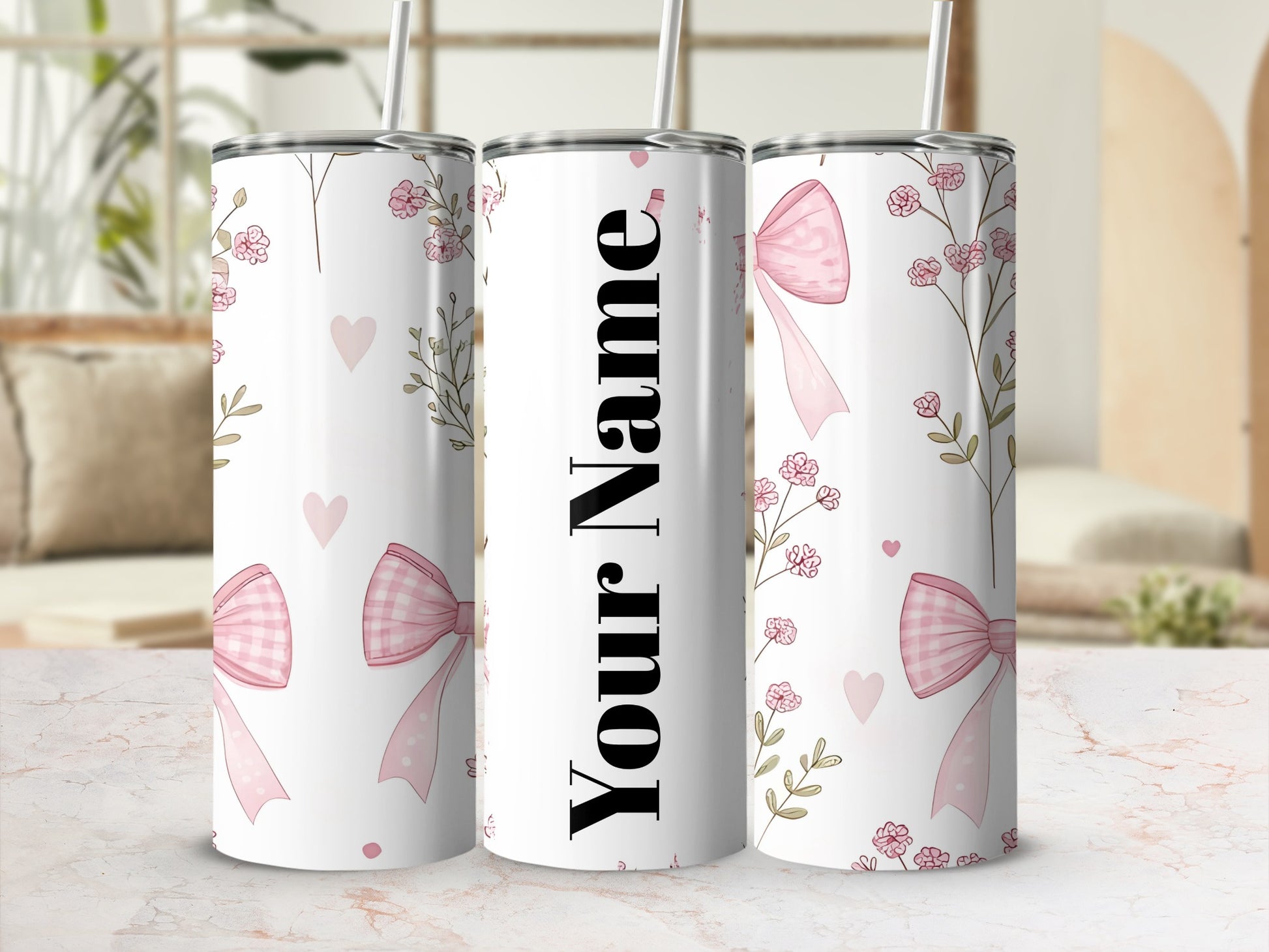 Personalized Floral Bow and Heart Design Tumbler Cup