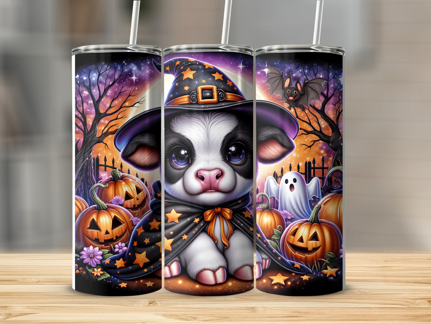 Witch puppy in Halloween costume with pumpkins, ghost, and bat.