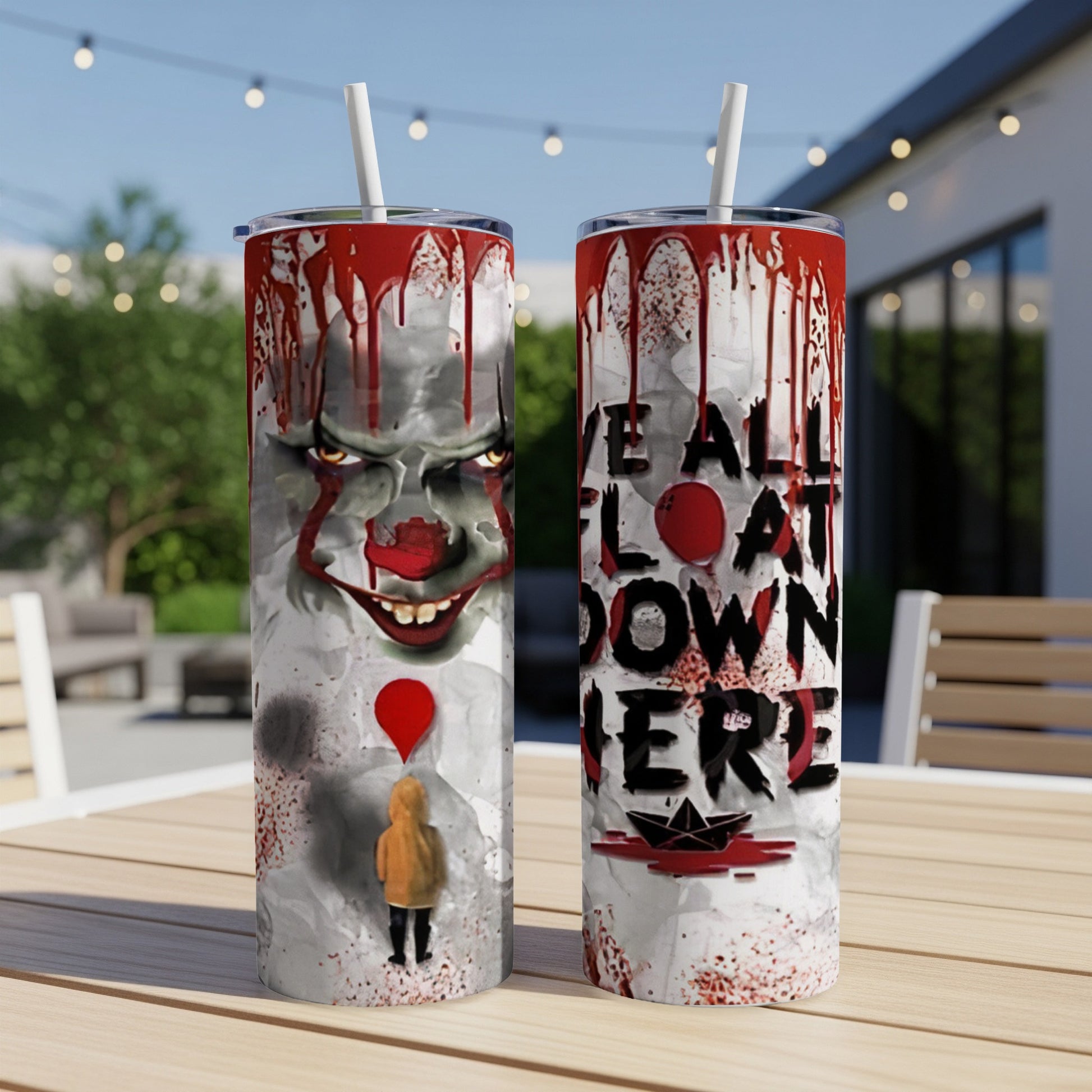 Two tumblers featuring Pennywise and bloody "We All Float Down Here" text.