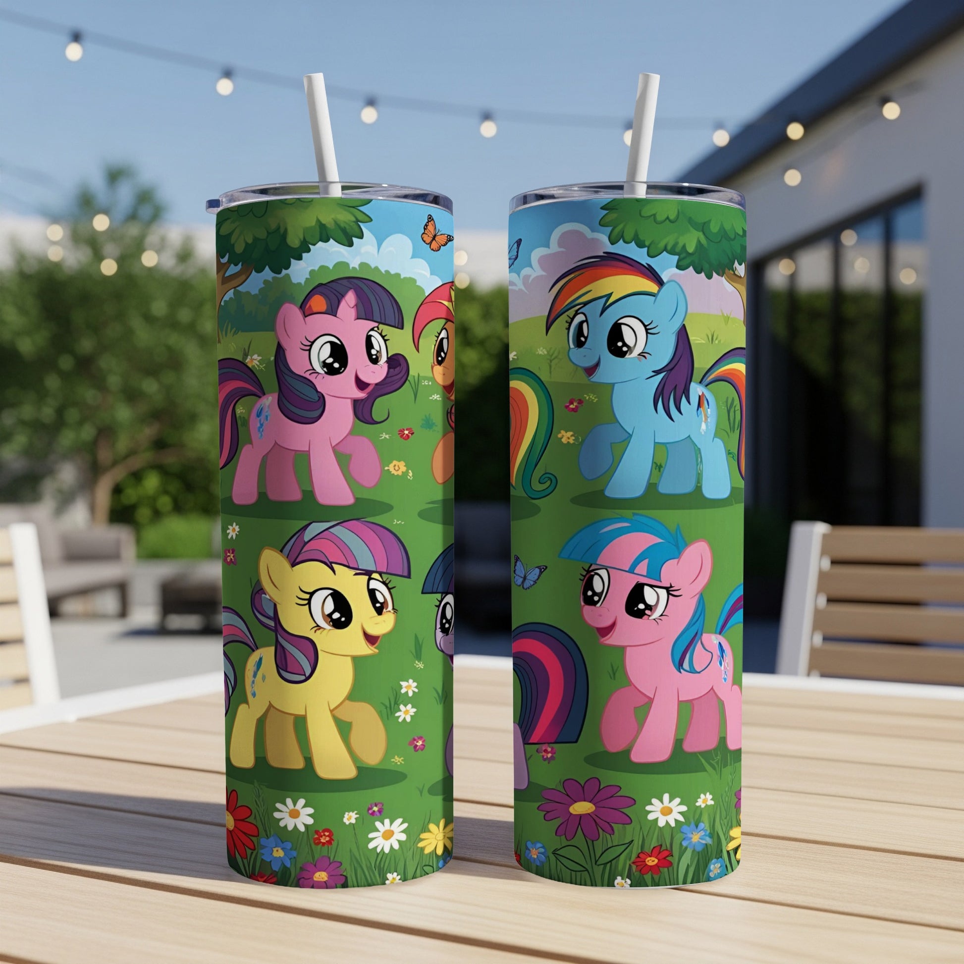 Two colorful My Little Pony tumblers with characters on a grassy background.