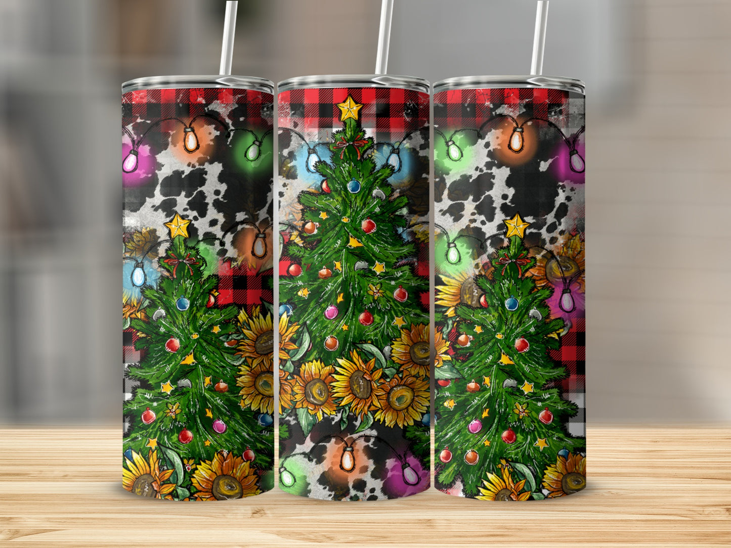 Christmas tree with sunflowers and cow print lights on a plaid background.