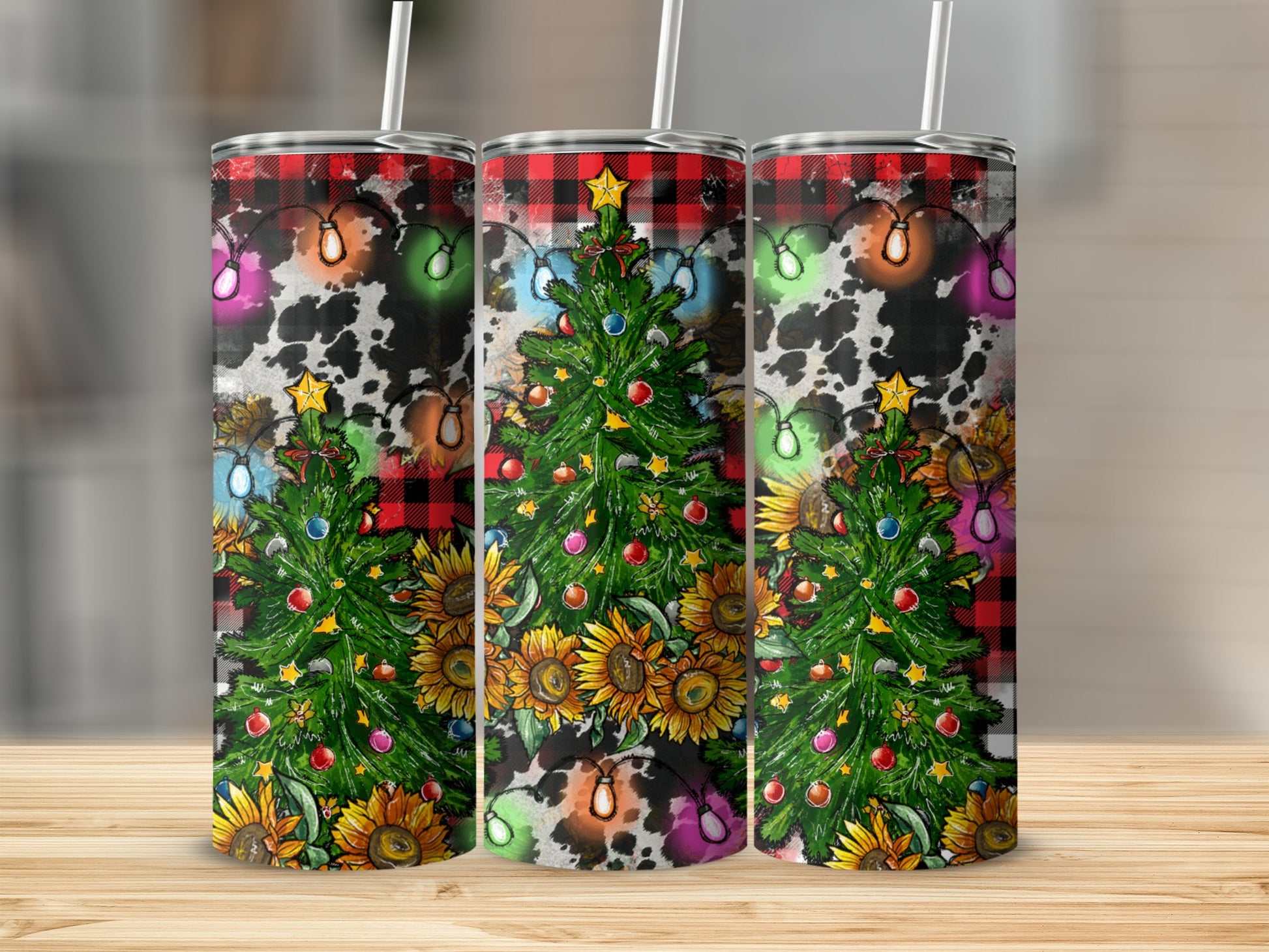 Christmas tree with sunflowers and cow print lights on a plaid background.