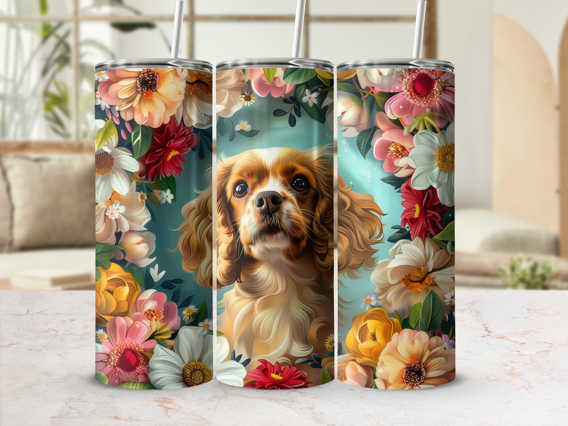 Cavalier King Charles Spaniel surrounded by colorful flowers on a floral tumbler.