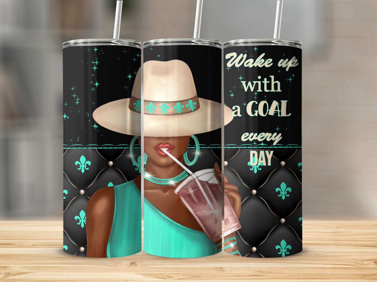 Woman in teal top and hat drinks from cup, "Wake up with a goal" text.