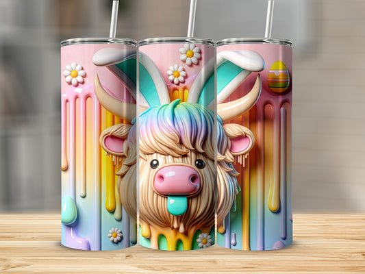 Highland cow with bunny ears and colorful dripping paint design.