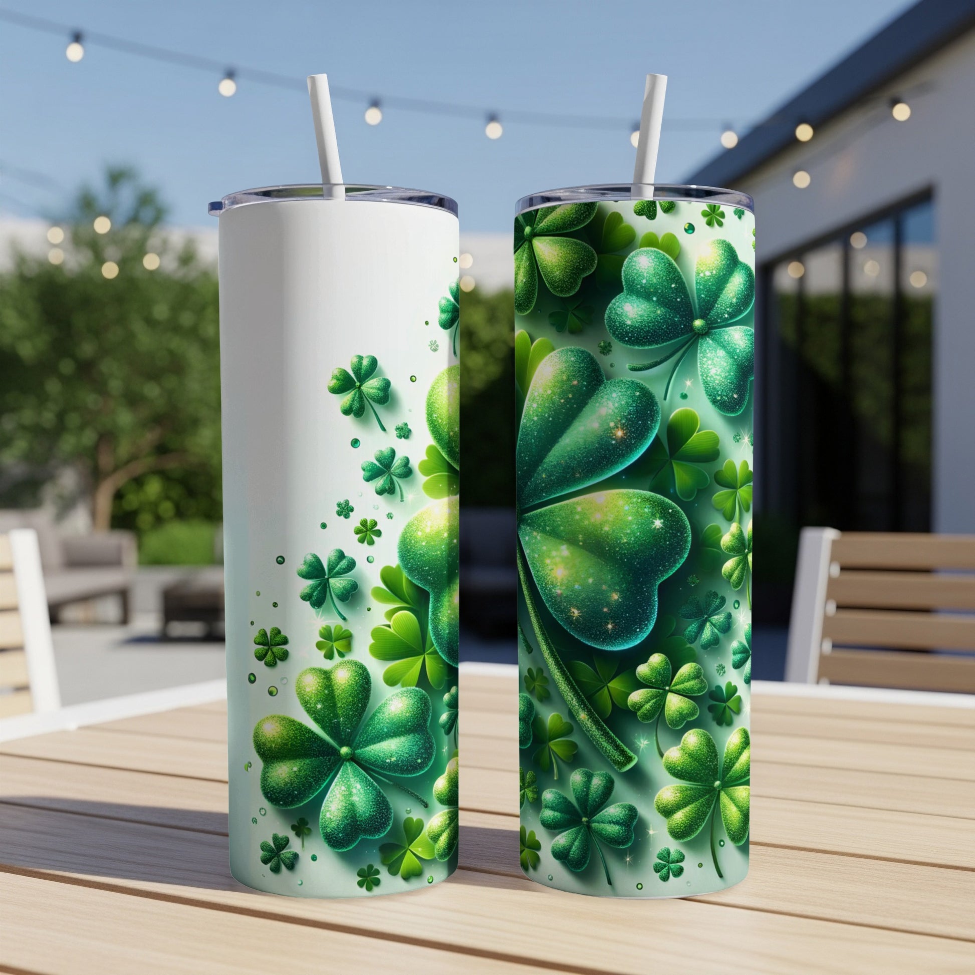 Two tumblers with shamrock designs on a table.