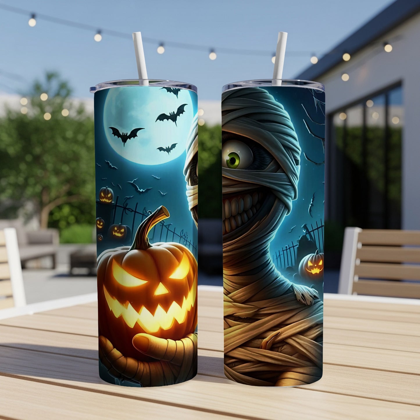 Halloween tumblers featuring a glowing jack-o-lantern and a mummy with a creepy grin.
