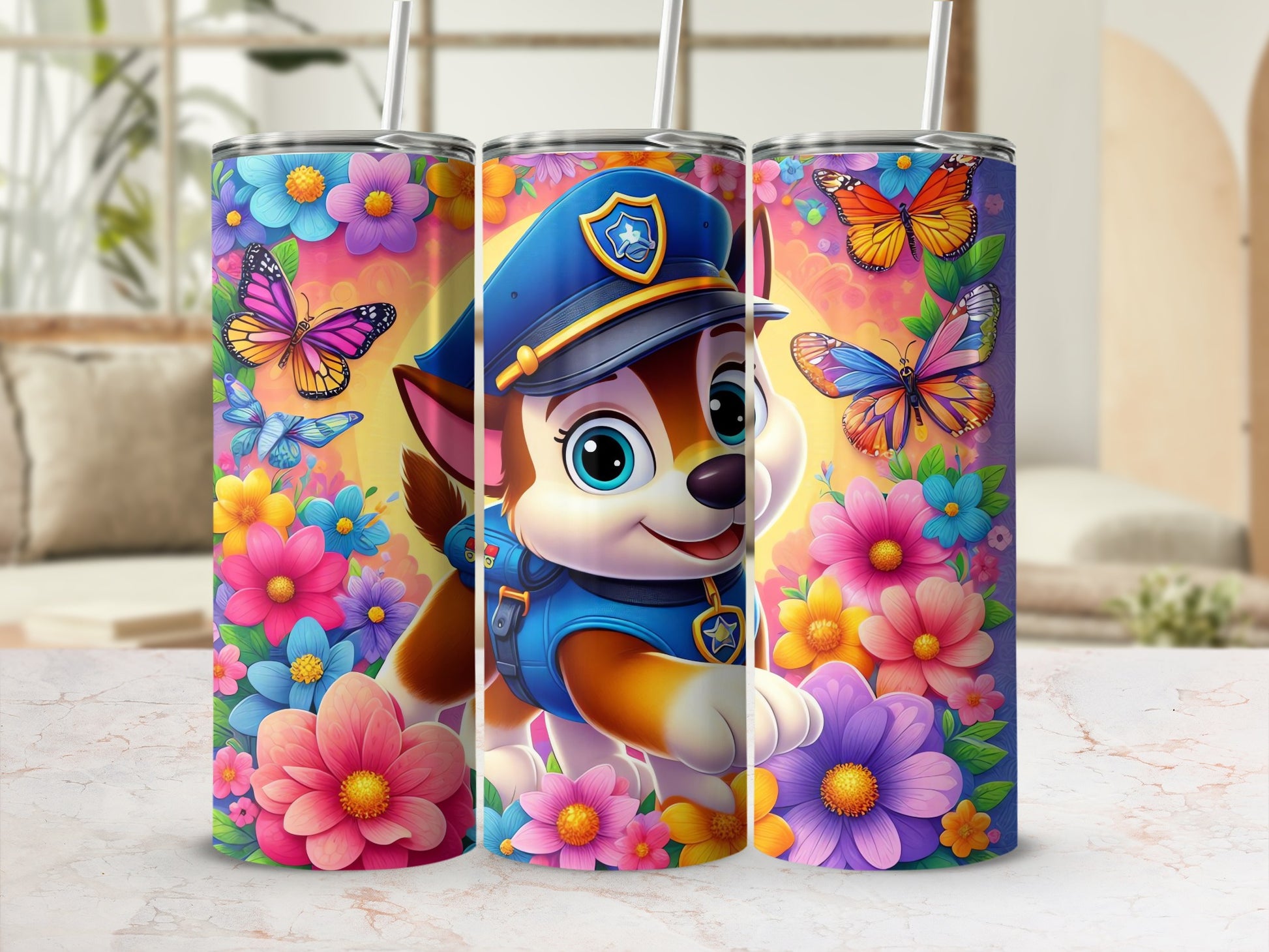 Colorful Cartoon Dog with Butterflies Tumbler Cup