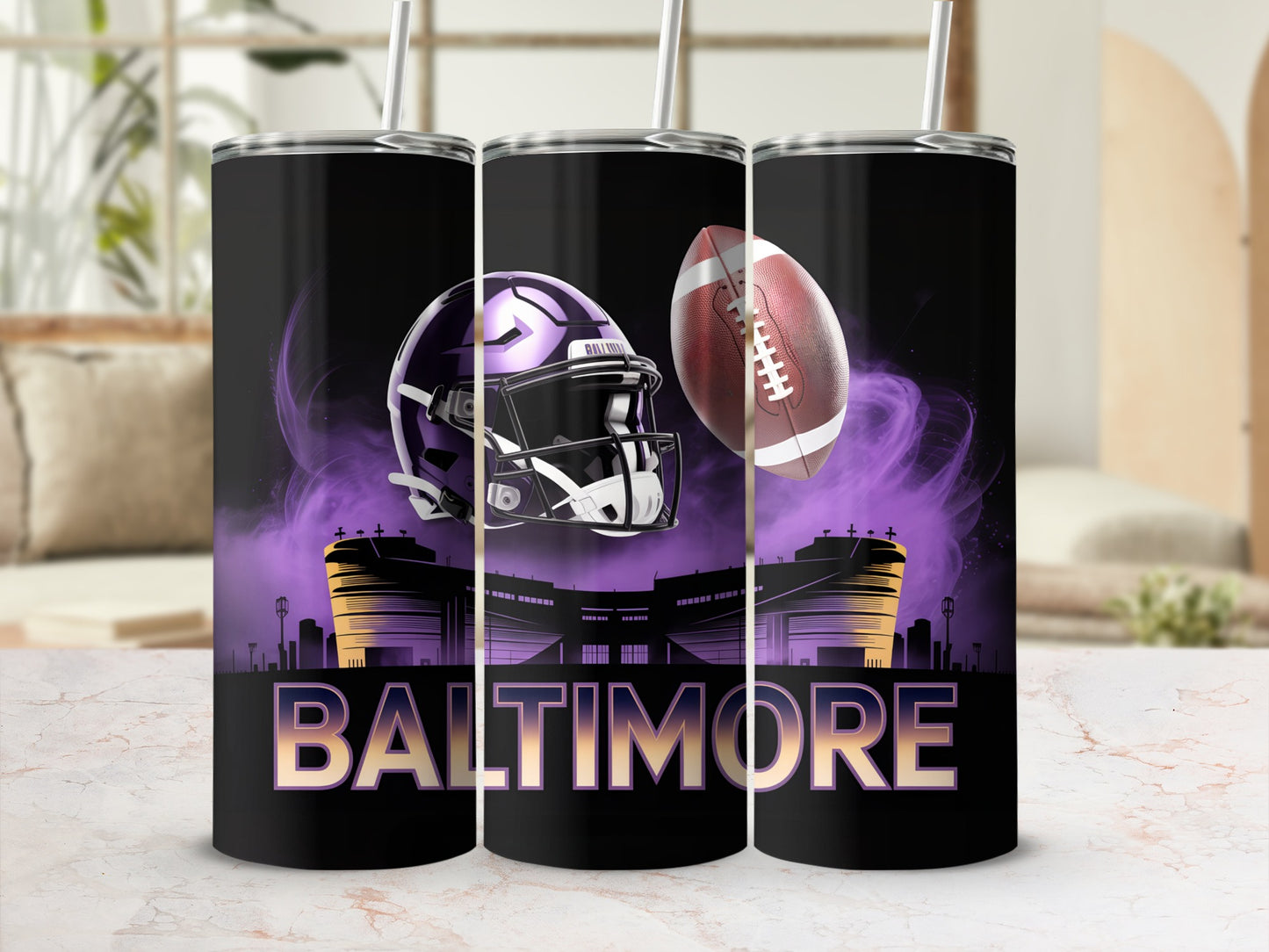 Baltimore Ravens football helmet and ball on stadium background.