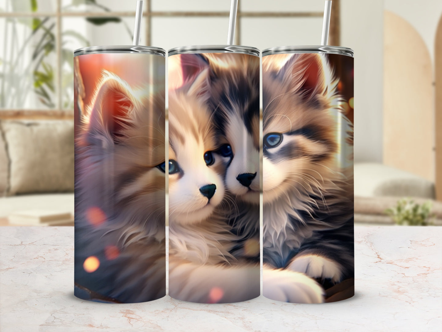 Two fluffy kittens' faces on a tumbler with bokeh lights.