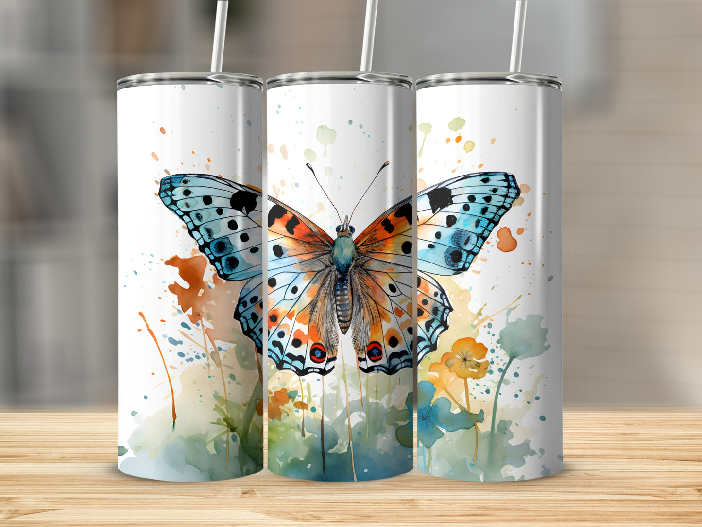 Watercolor butterfly on a white tumbler with floral accents.