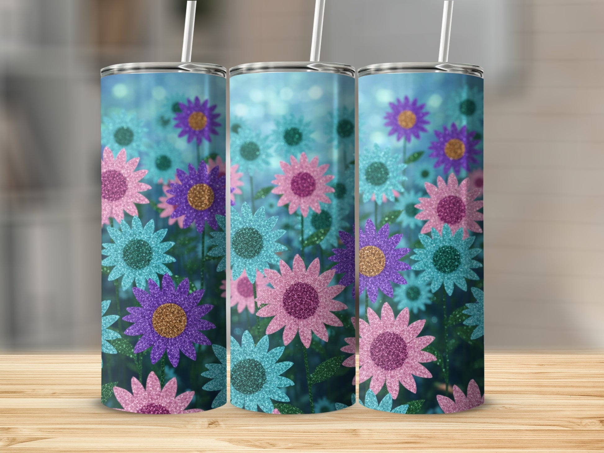 Glittery Colorful Flower Pattern Insulated Tumbler