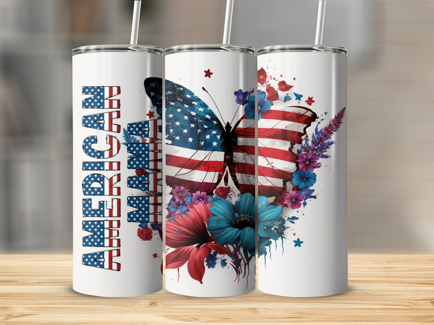 Three tumblers featuring American flag butterfly and floral designs.