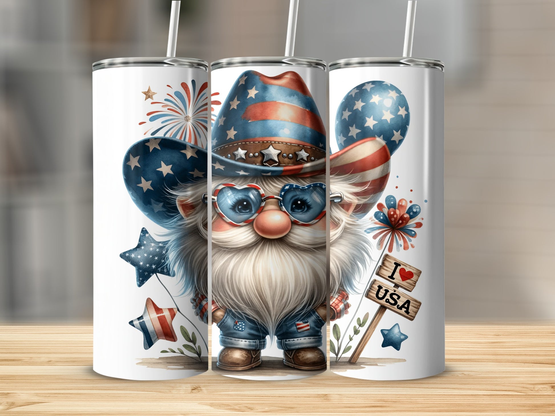 Three patriotic gnomes with American flag hats and heart sunglasses.