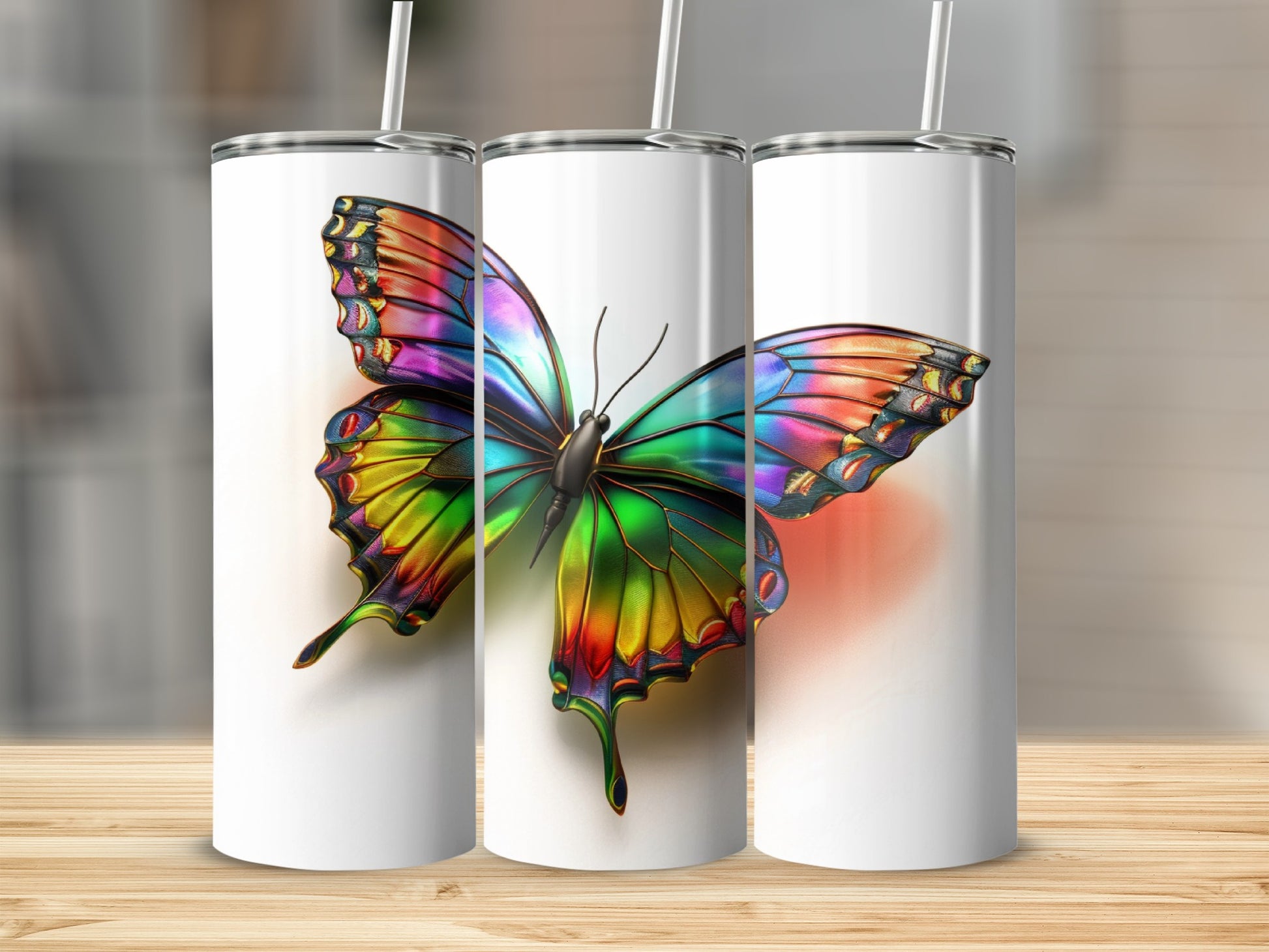 White tumbler with iridescent butterfly design.